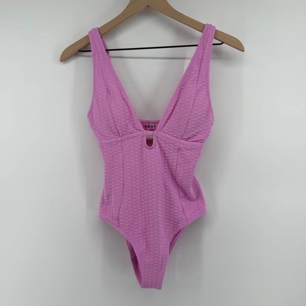Roxy Haliewa Plunge One Piece Swimsuit Women Small Pink Textured Recycled Rib